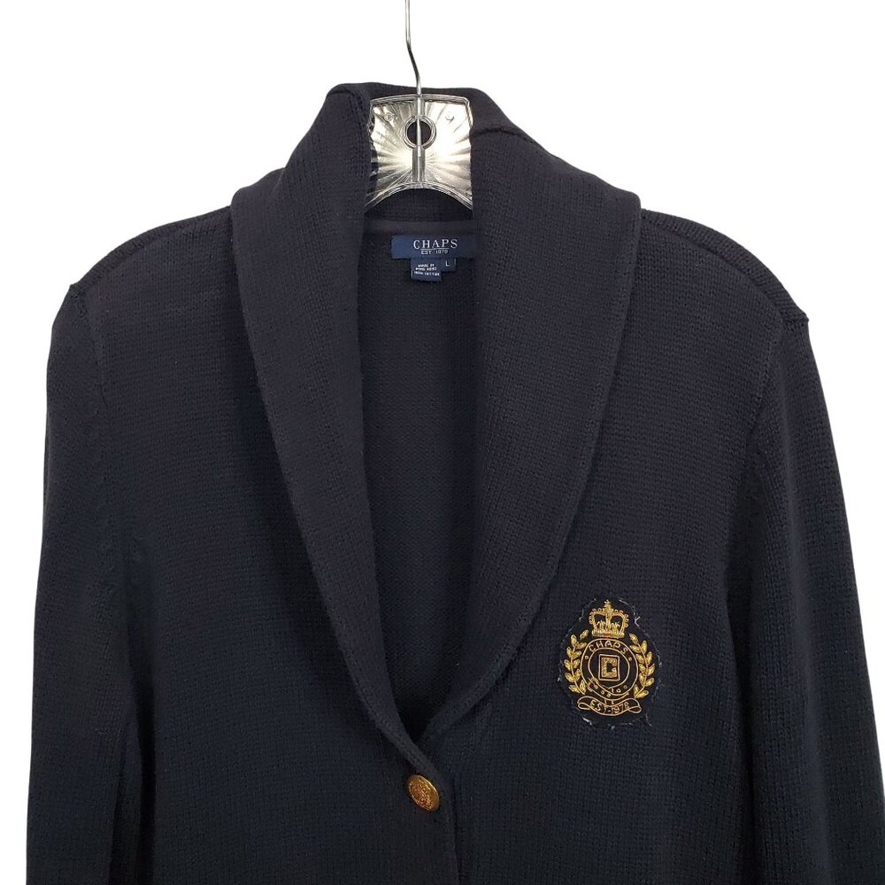 Chaps Womens Size L Cardigan Cotton Sweater Shawl Collar Gold Buttons Crest Navy - Picture 4 of 12